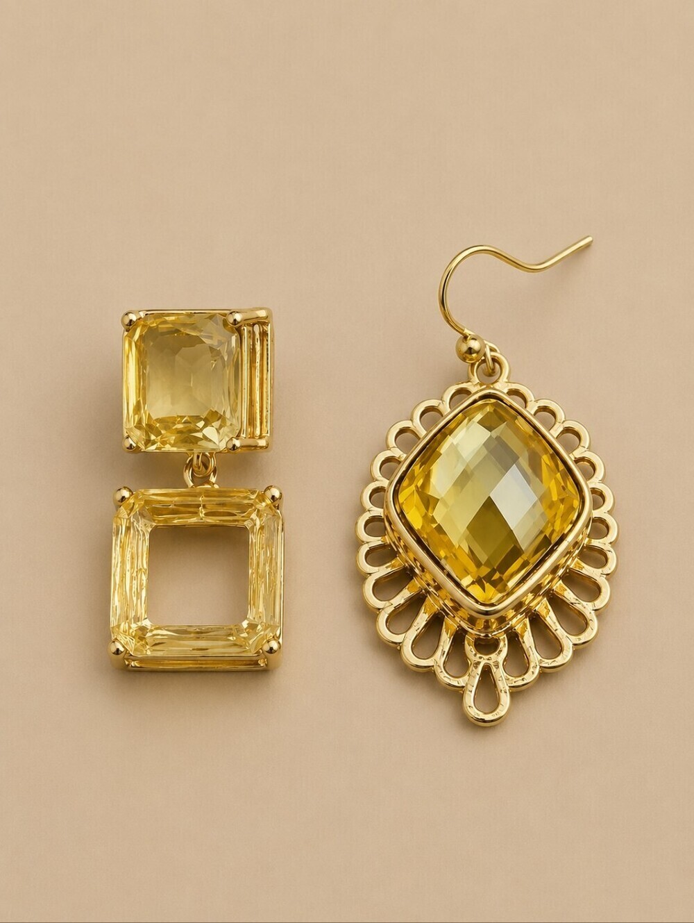 Vintage Mismatched Yellow Glass Gem Fantasy Drag Statement Earrings